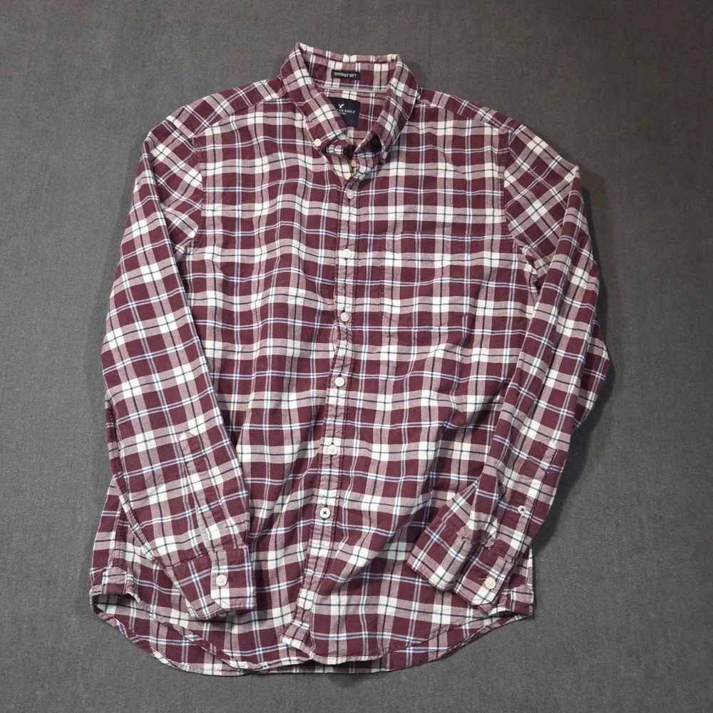 American Eagle Flannel Shirt Mens Large Maroon Plaid Seriously Soft Button Down